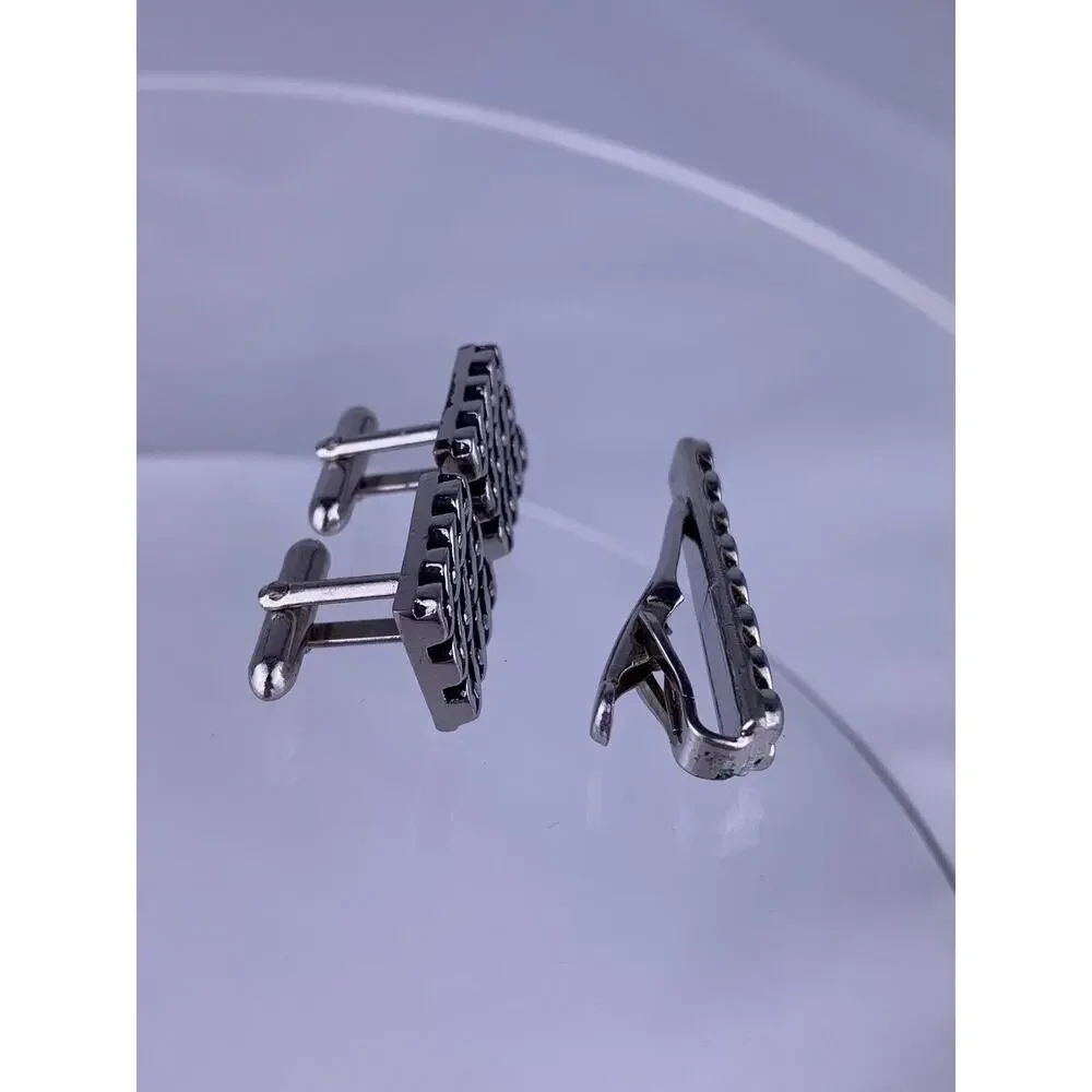 Modernist Scroll Twist Silver Tone Cufflinks Tie Clip Swank Geometric Vintage